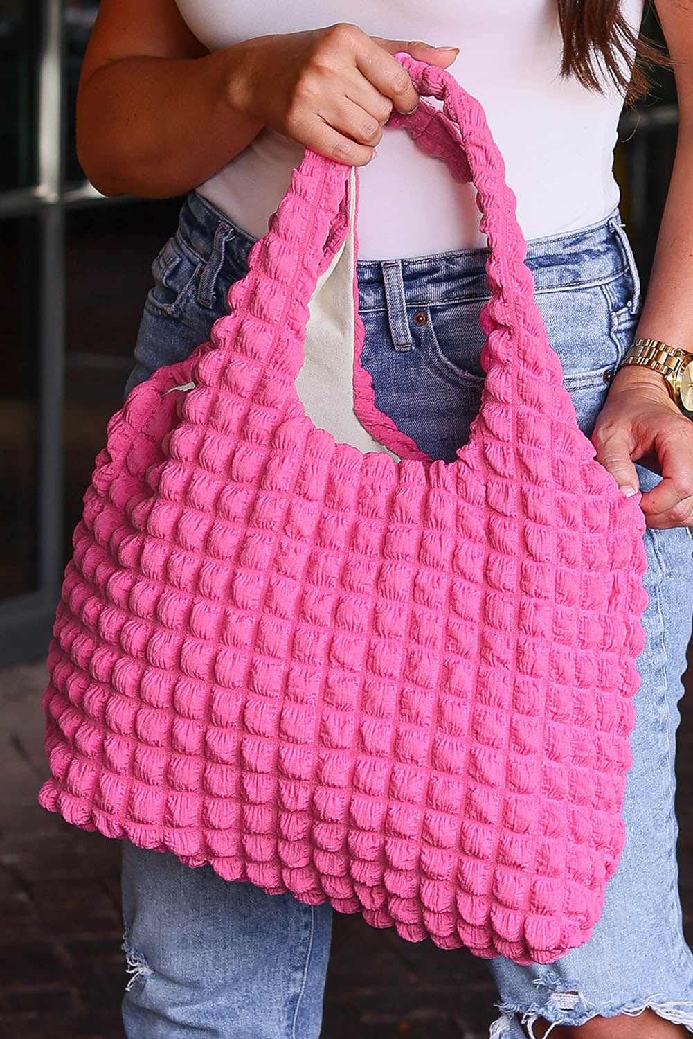 Rose Red Casual Plain Puffy Quilted Tote Bag