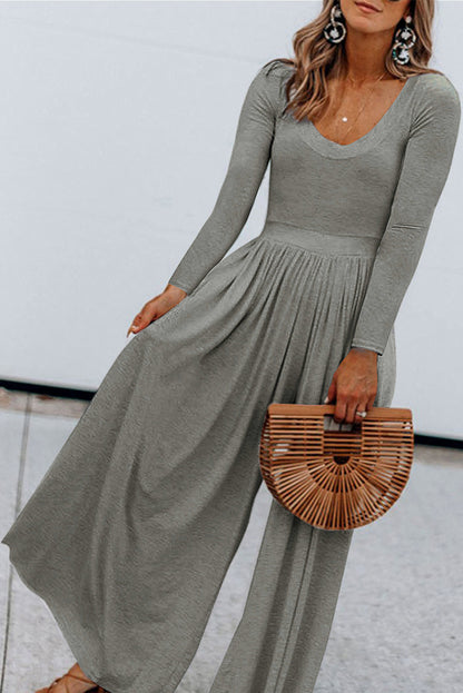 Grey Solid Color Long Sleeve Wide Leg Jumpsuit