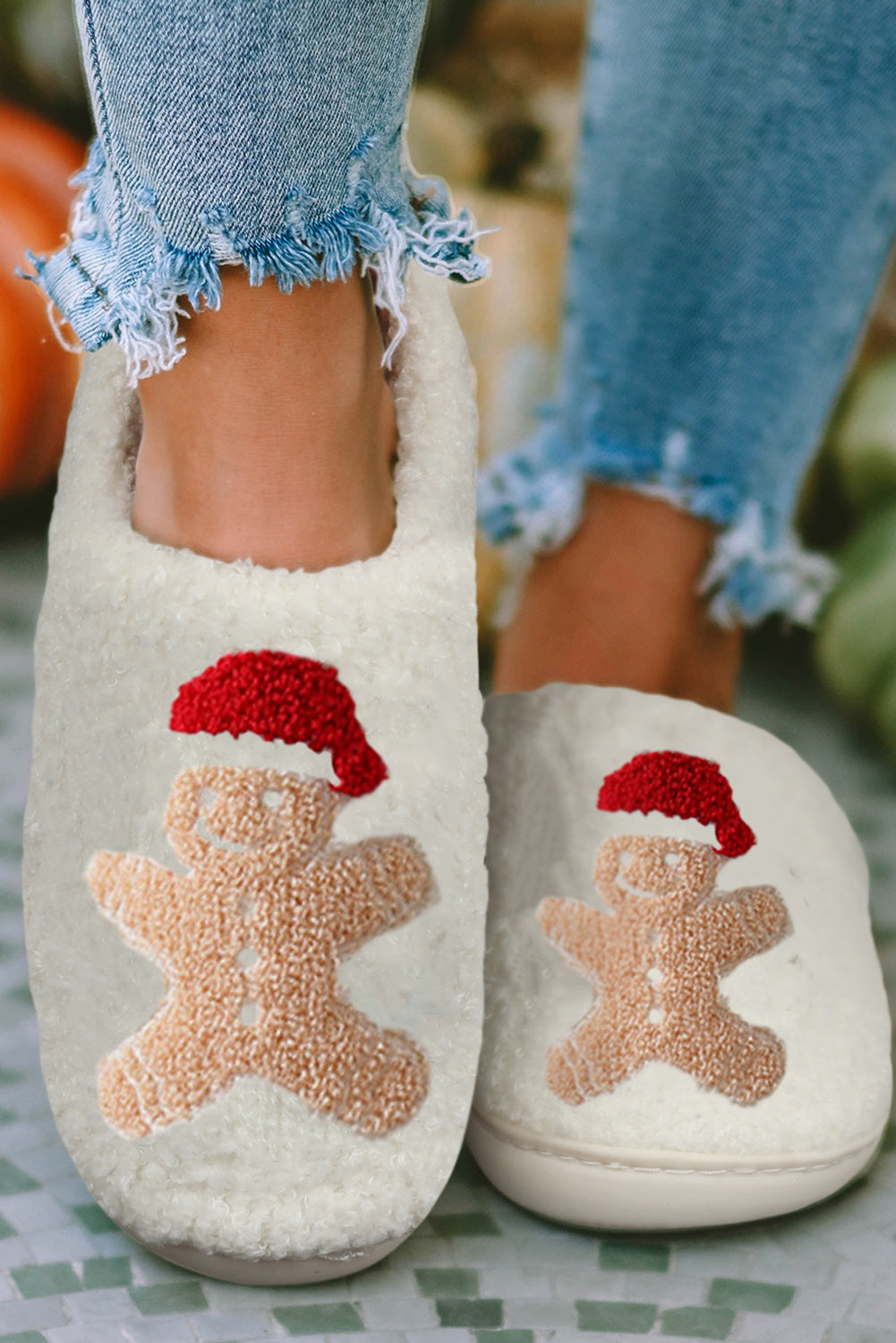 White Christmas Gingerbread Man Plush Slippers