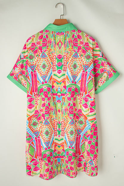 Geometric Print Contrast Trim Short Sleeve Shirt Dress