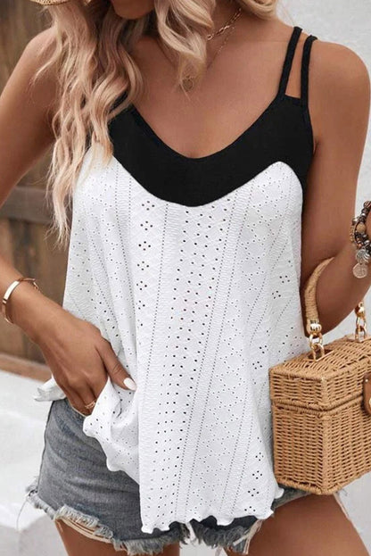 White and Black Patchwork Eyelet Tank Top