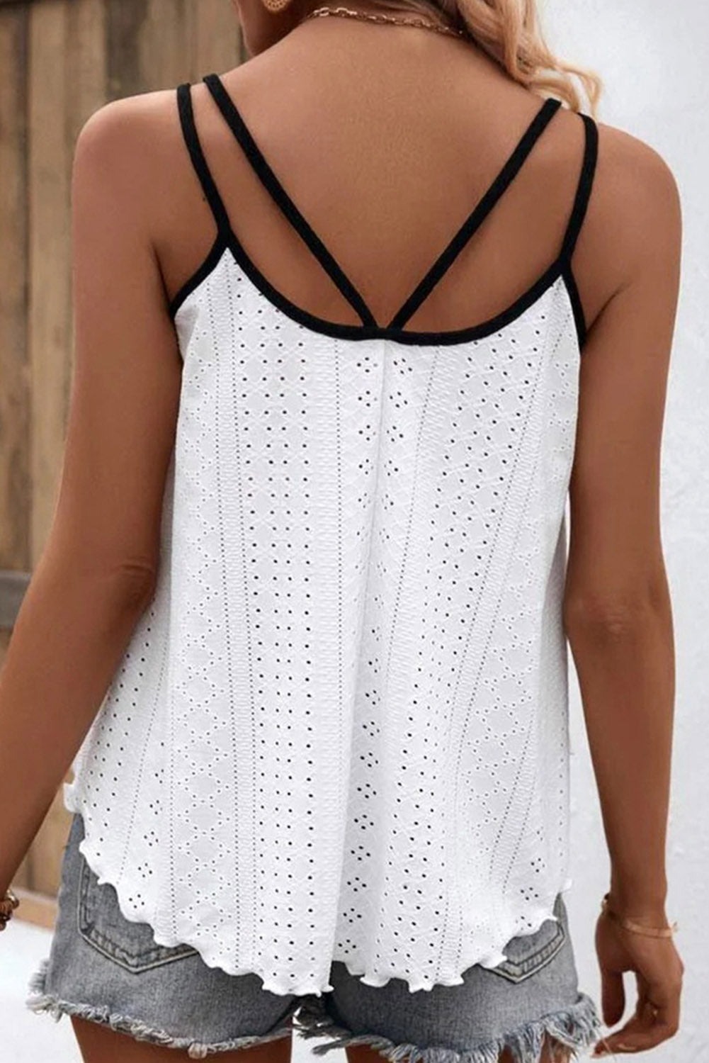 White and Black Patchwork Eyelet Tank Top