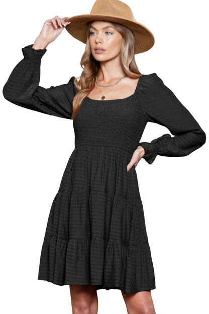 Black Puff Sleeve Smocked Tiered Short Dress