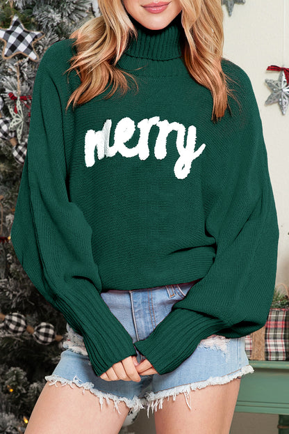 Turtle Neck Batwing Sleeve Merry Christmas Sweater