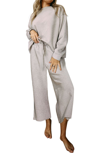 White Textured Loose Slouchy Long Sleeve Top and Pants Set