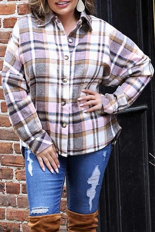 Pink Plus Size Plaid Print Fringed Back Button Shacket