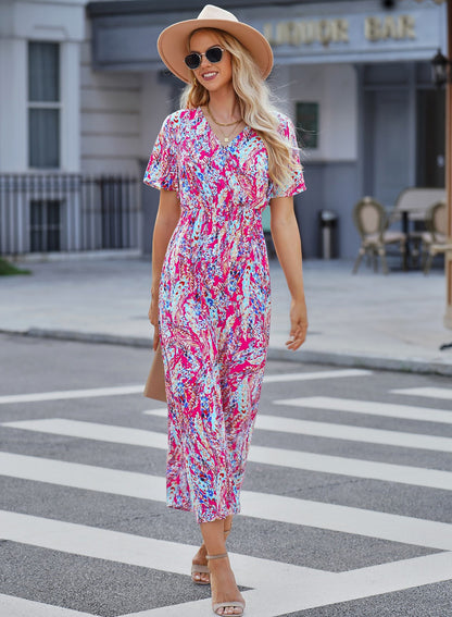 Abstract Print Wrap V Neck Flutter Sleeve Mid Length Summer Dress