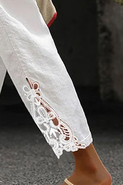 White Lace Splicing Drawstring Linen Pants