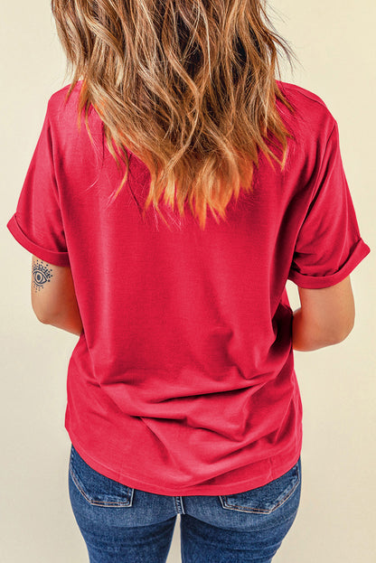 Red Casual USA Stars Graphic Round Neck Roll Up Sleeve Tee