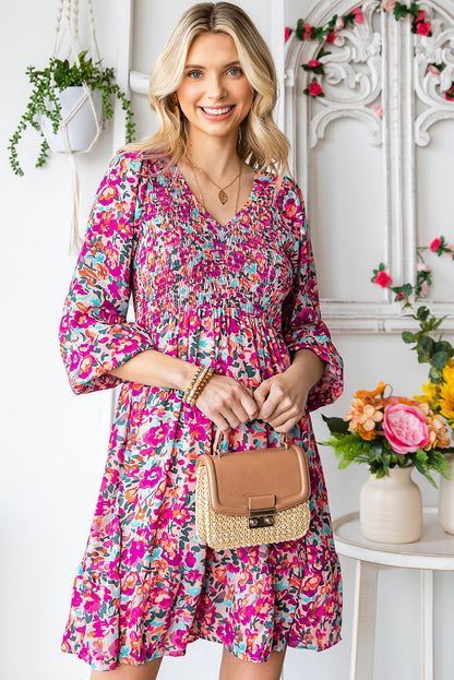 Floral Print Long Sleeve Flounce Hem V Neck Smocked Dress