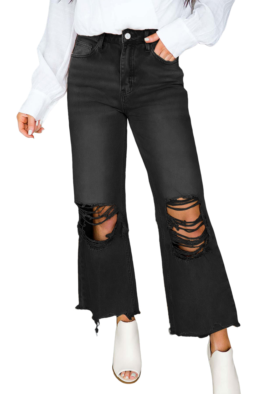 Distressed Hollow Out High Waist Flare Jeans