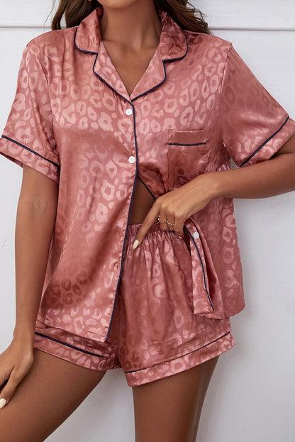 Pink Leopard Button Up Collar Neck Shirt & Shorts Lounge Set