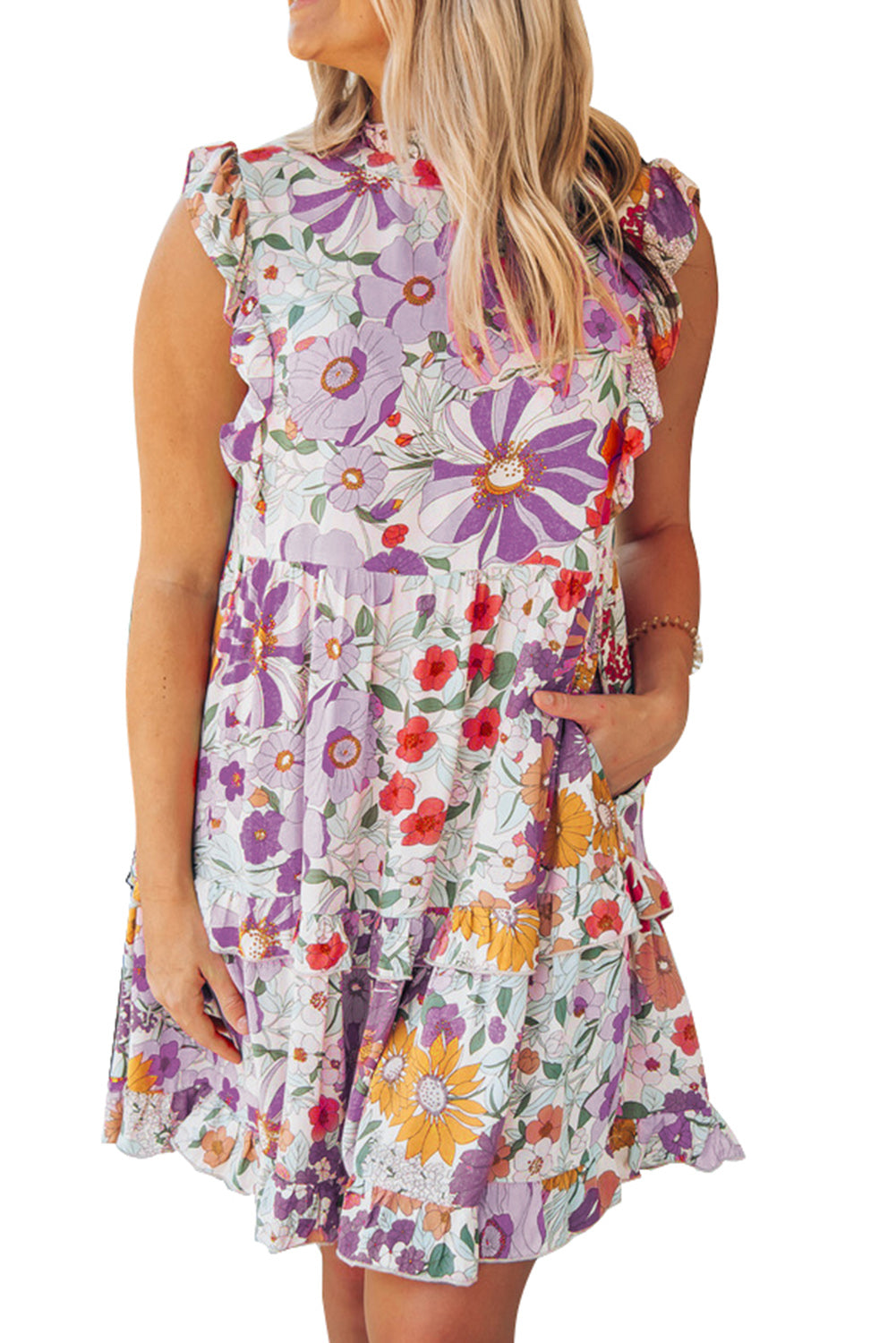 Floral Print Casual Ruffled Sleeveless Tiered Short Dress