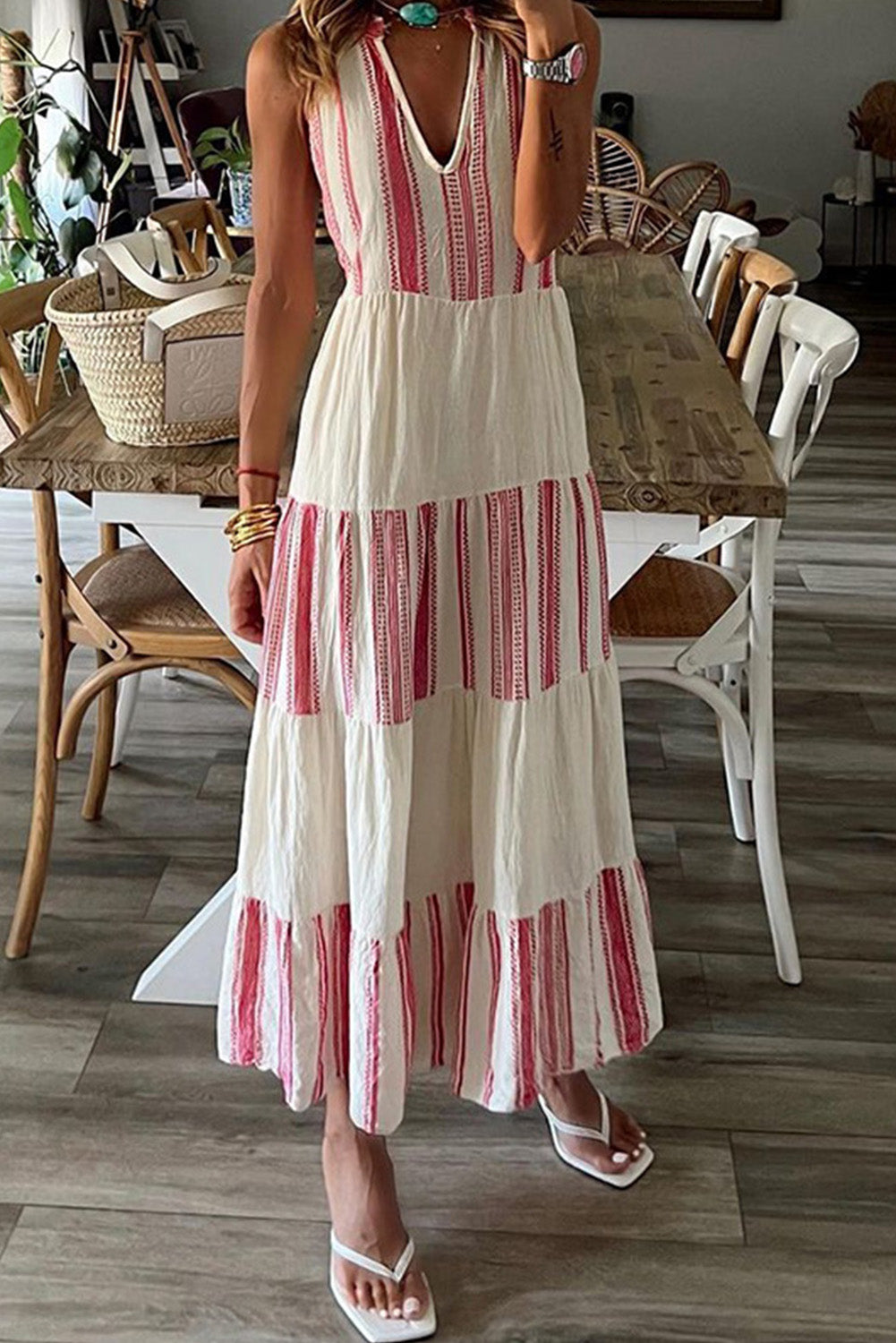 Bright White Striped Colorblock Deep V Maxi Tank Dress