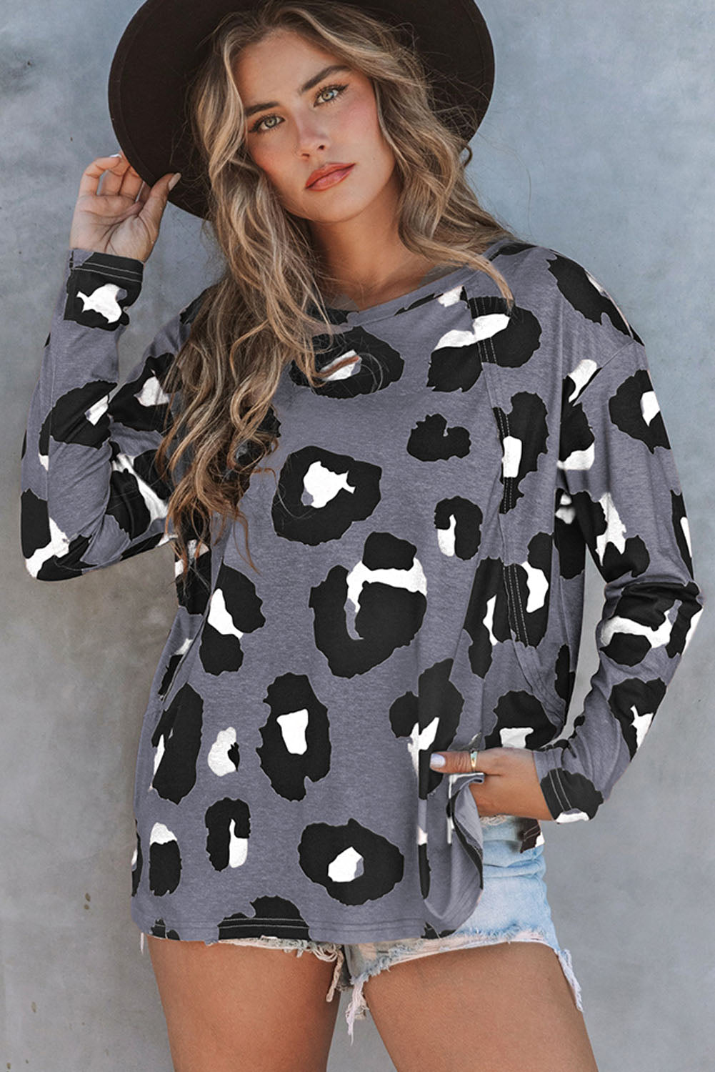 Print Drop Shoulder Pullover Long Sleeve Top