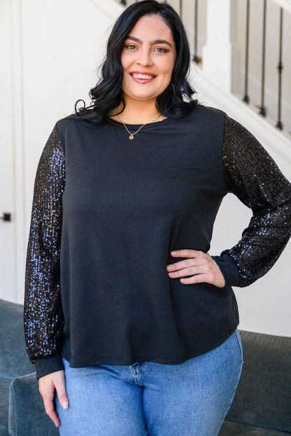 Sequin Contrast Long Sleeve Plus Size Top