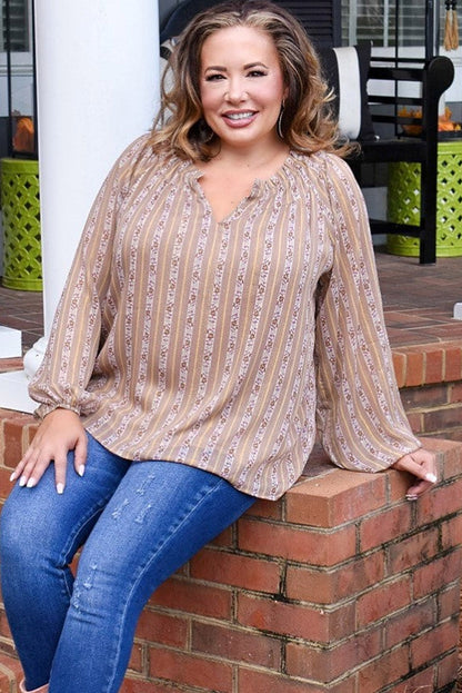 Pink Plus Size Floral Striped Puff Sleeve Split Neck Blouse