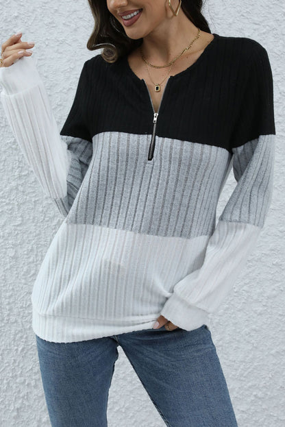 Multicolour Textured Color Block Zipper Round Neck Sweatshirt