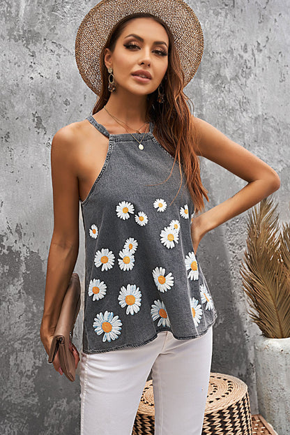 Gray Daisy Floral Print Halter Denim Tank Tops for Women