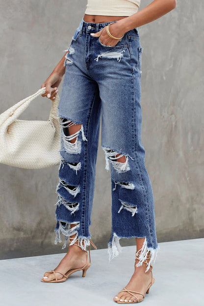 Blue Destroyed Raw Hem Wide Leg Jeans