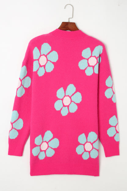 Pink Floral Pattern Drop Shoulder Button Up Cardigan