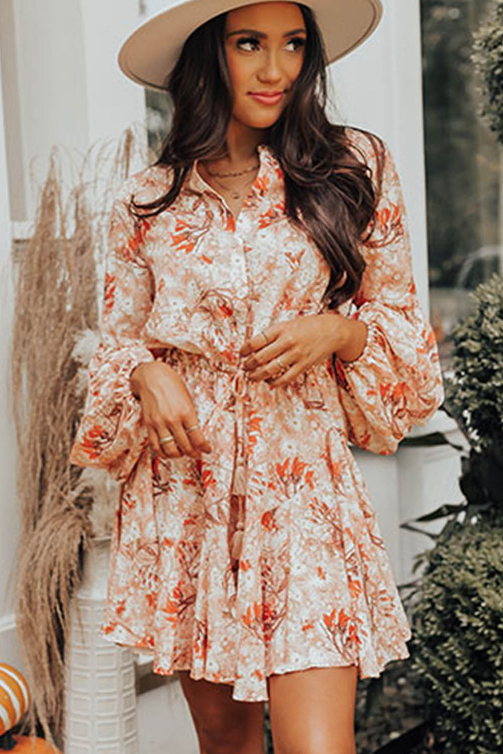 Floral Print Bubble Sleeve Cinched Waist Dress