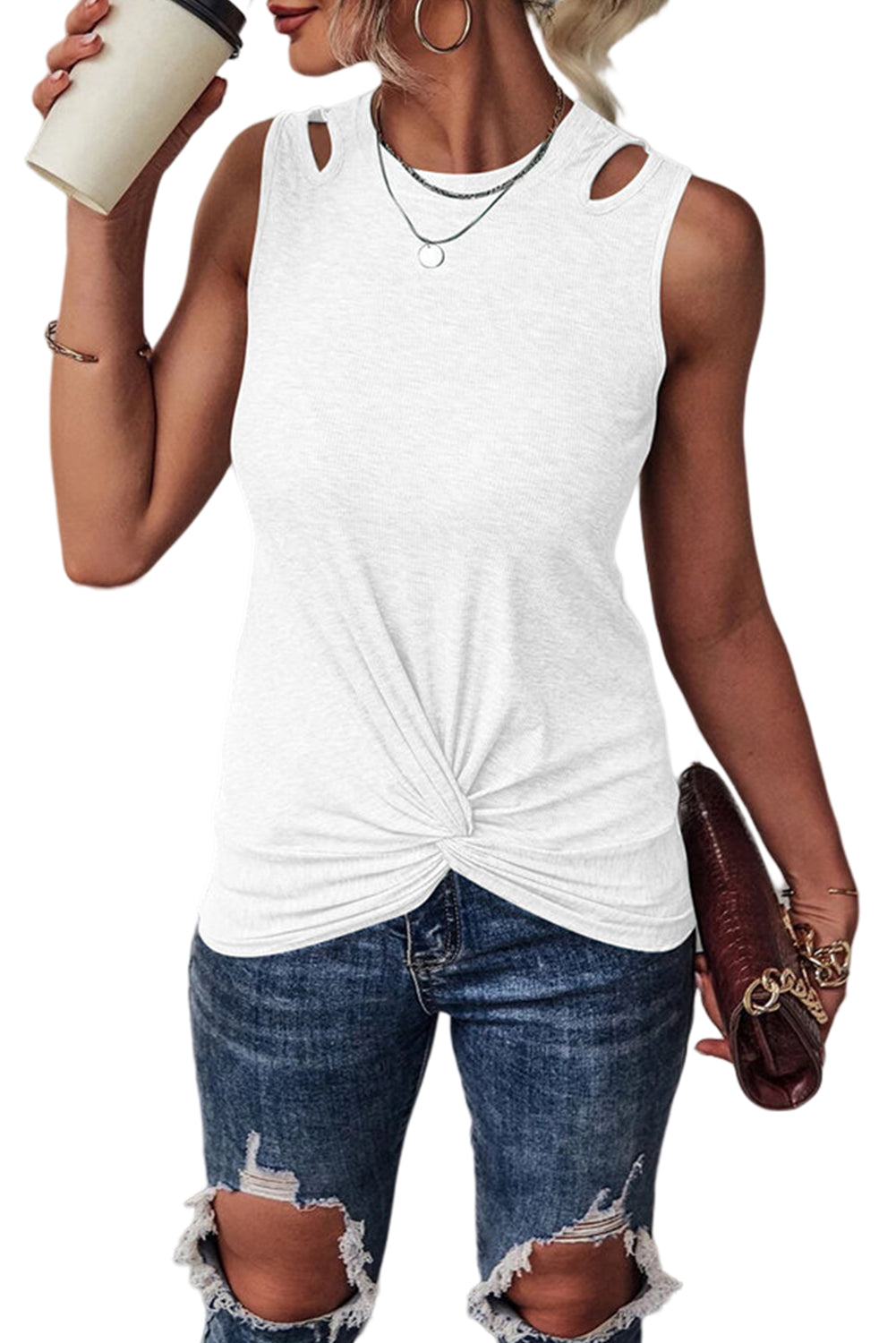 Blue Ribbed Knit Cut Out Twist Front Crew Neck Tank Top