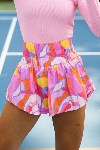 Abstract Print Smocked Waist Flared Shorts