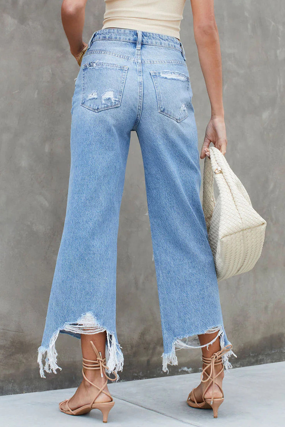 Blue Destroyed Raw Hem Wide Leg Jeans