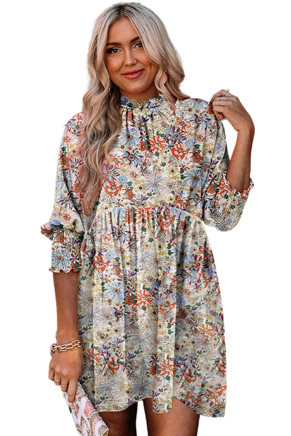 Floral Boho Frilled Neck Shirred Cuffs Mini Dress