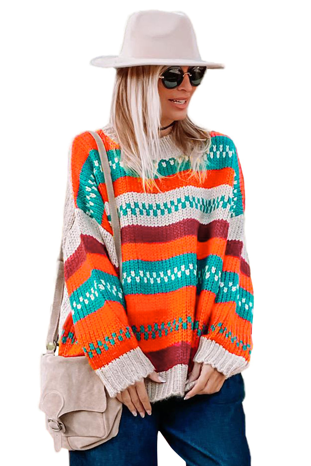 Multicolor Color Block Striped Loose Sleeve Sweater