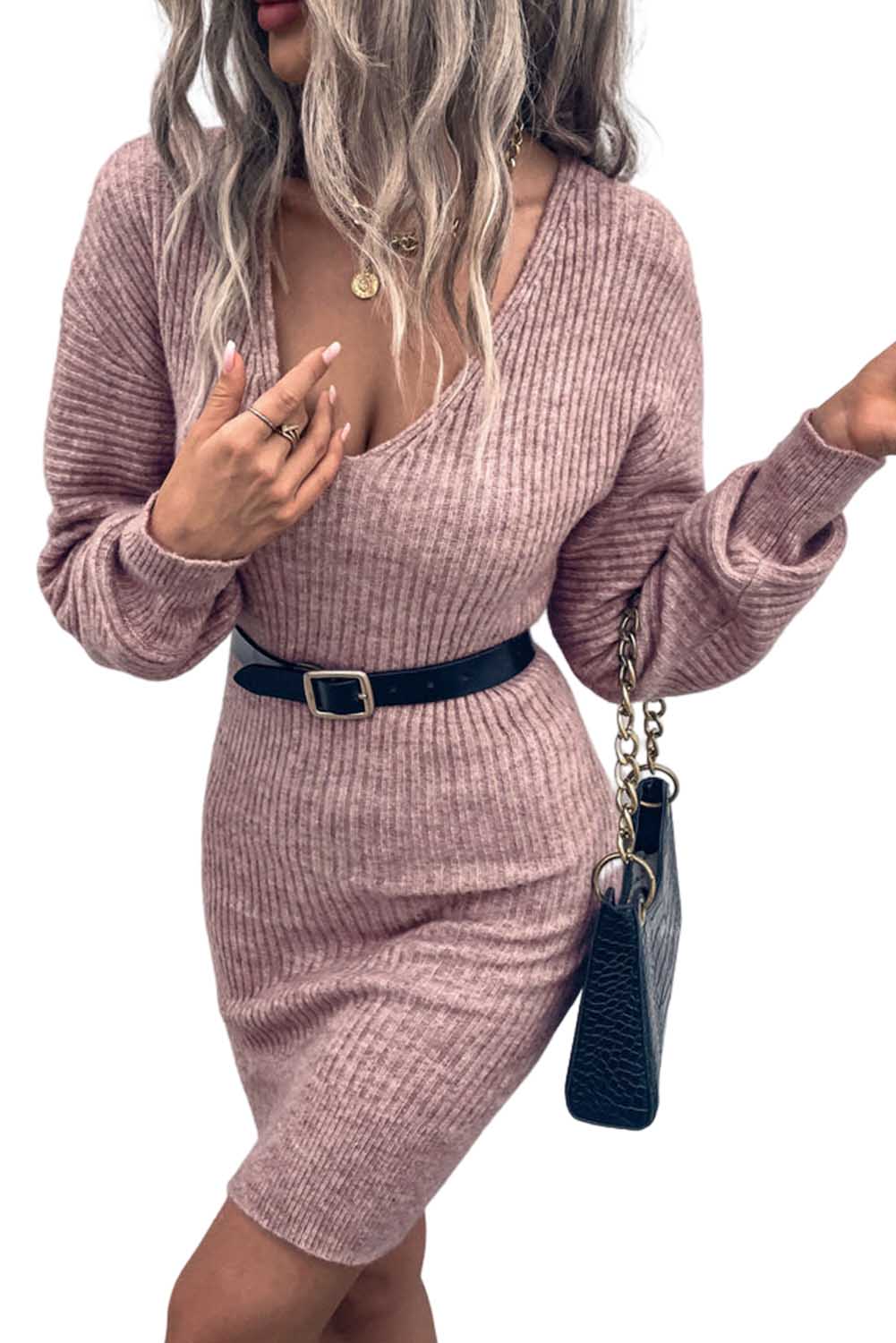 V Neck Puff Sleeve Bodycon Sweater Dress