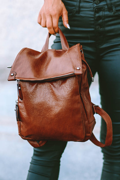 Brown Retro PU Leather Large Capacity Backpack