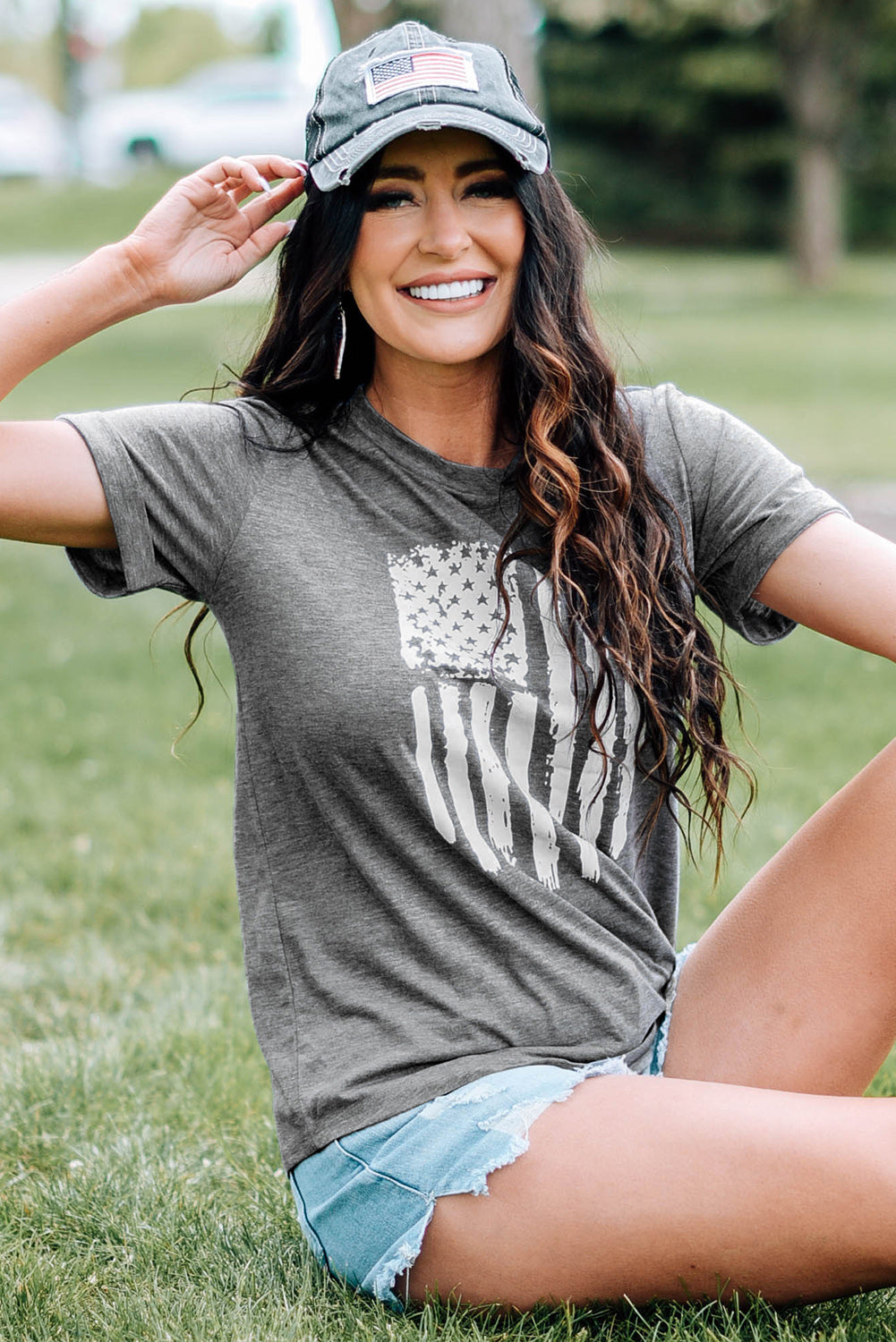 Gray Casual American Flag Graphic Crew Neck T Shirt