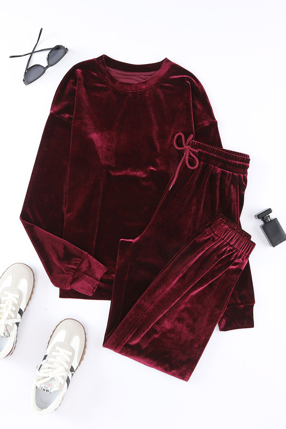 Red Solid Velvet Round Neck Top & Drawstring Pants Longe Set