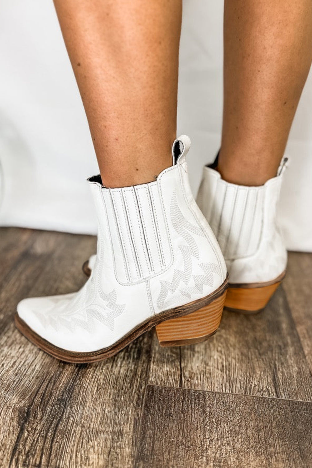 Embroidered Leather Thick Heel Booties