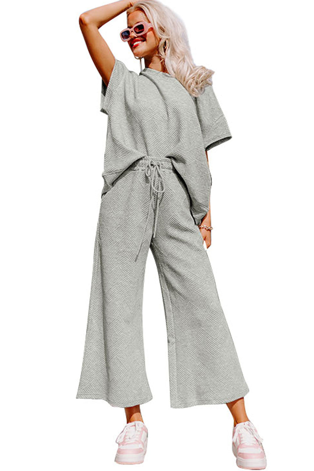 Gray Textured Loose Fit T Shirt & Drawstring Pants Set