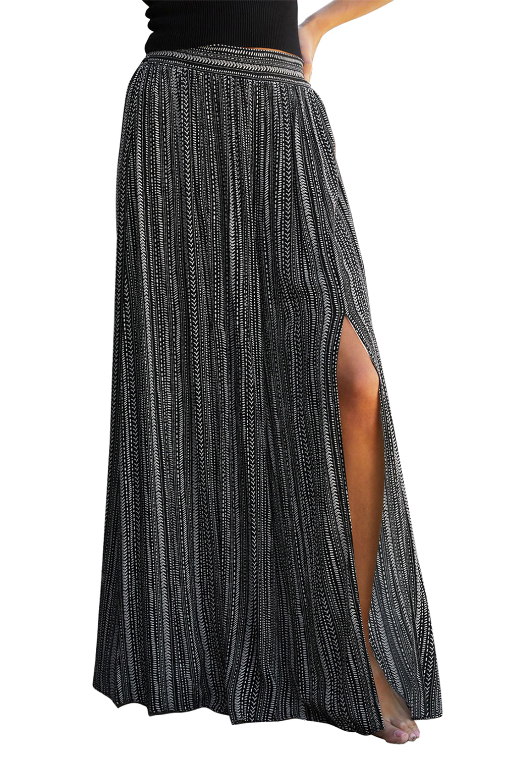 Striped Printed Slit Wide Leg High Waist Pants