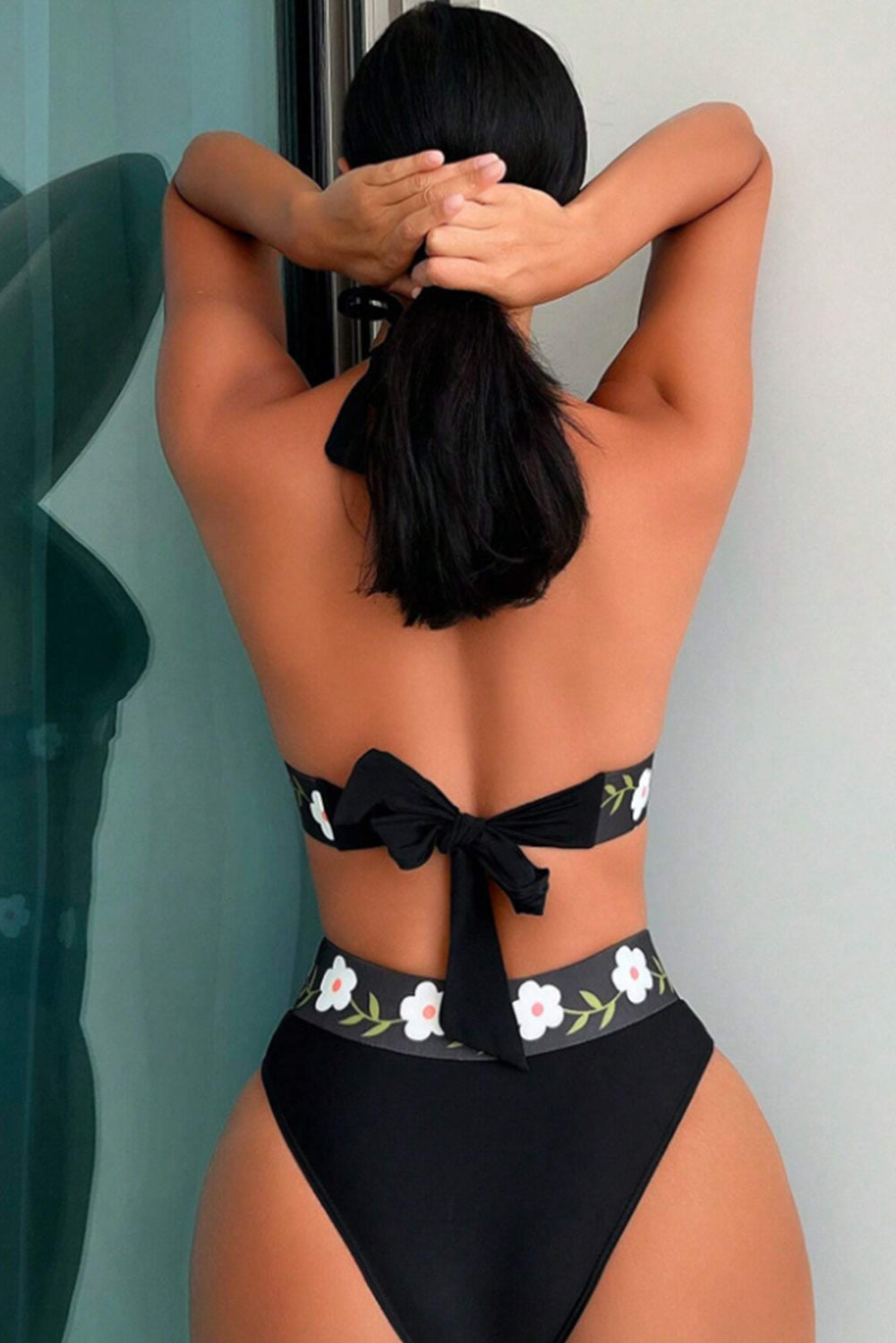 Halter Bikini Swimsuit Black Floral Banded