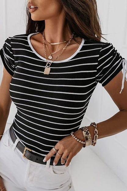 Black Striped Drawstring Sleeve Knitted T Shirt