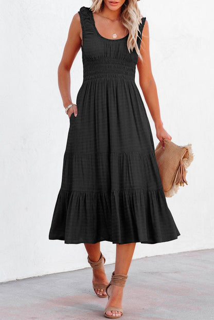 U-Neck Sleeveless Ruched Tiered Ruffled Midi Dress