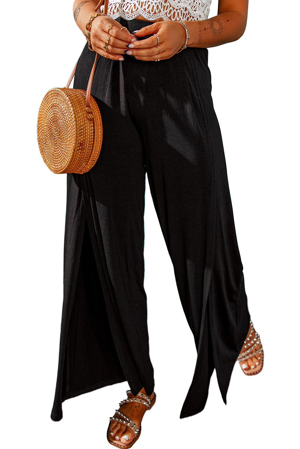 Black Casual Side Slit Mid Waist Wide Leg Pants