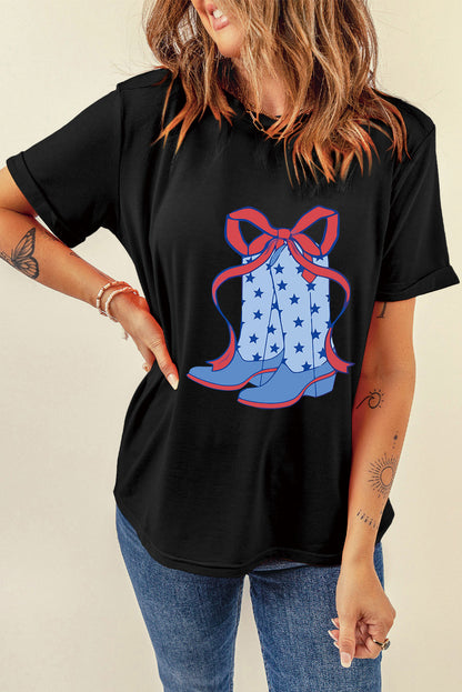 Star Boots Bow Knot Graphic Crew Neck T Shirt