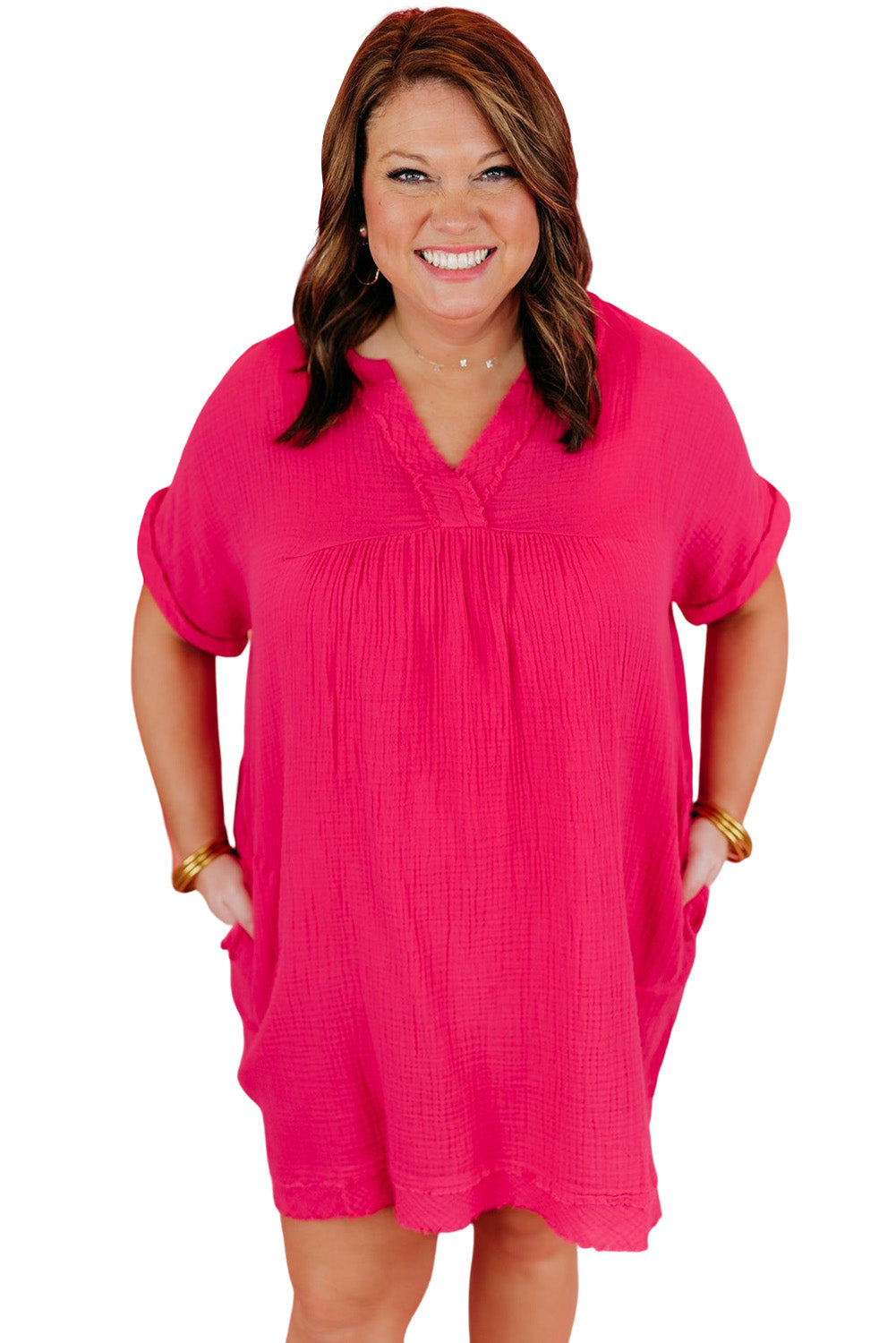 Plus Size Ruched V Neck Pocket Short Sleeves Mini Dress