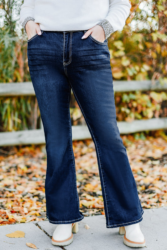 Dark Blue Deep Washed Plus Size Flare Jeans