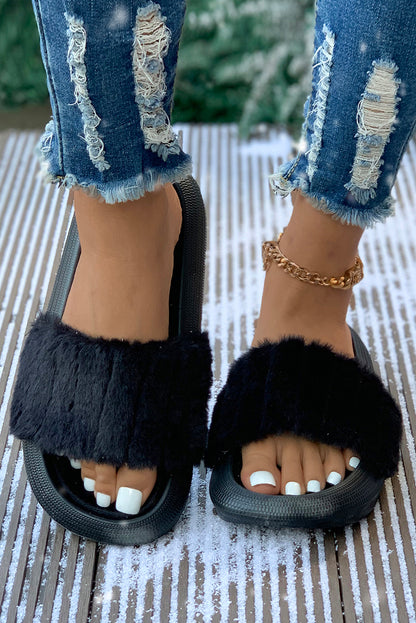 Comfy Plush Band Open Toe Flat Slippers