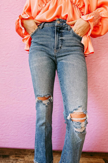 Sky Blue Casual Distressed Ripped Flare Jeans