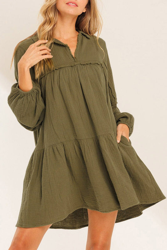 Solid Color Gauze Collared Casual Swing Long Sleeve Dress