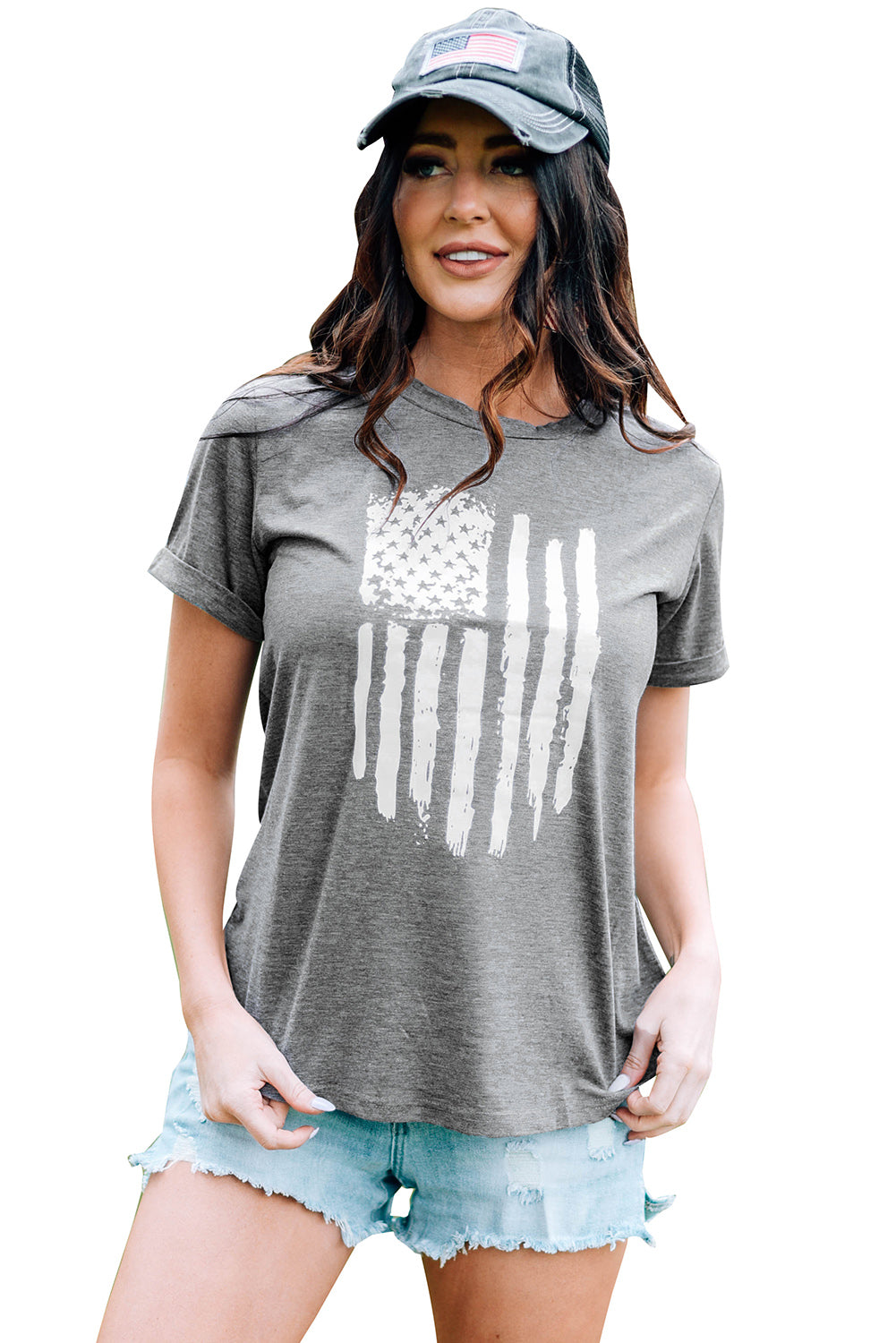 Gray Casual American Flag Graphic Crew Neck T Shirt