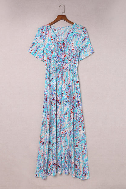 Abstract Botanic Print Wrap V Neck Short Sleeve Maxi Dress